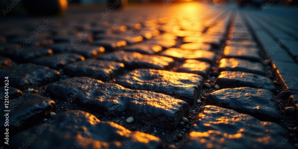 Obraz premium Warm Sunset Glow Illuminates Cobblestone Path, A Textured Surface of Dark Stones Glimmering with Golden Light