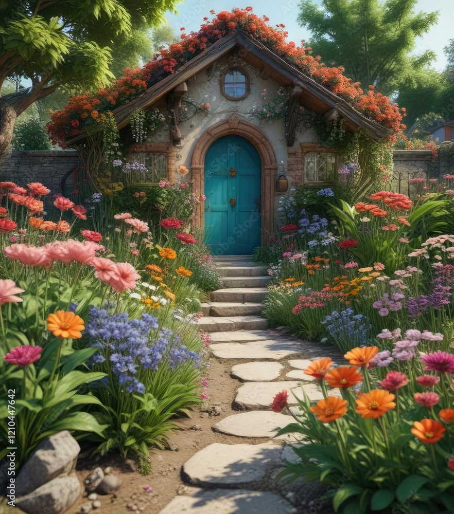 An artistic home with a whimsical flower garden, garden furniture, creative, garden An artistic home with a whimsical flower garden, garden furniture, creative, garden