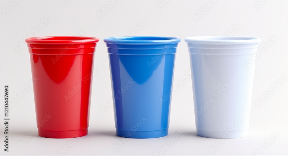 Group of Three Colorful Empty Plastic Cups Isolated on White Background - AR 16:9 Group of Three Colorful Empty Plastic Cups Isolated on White Background - AR 16:9
