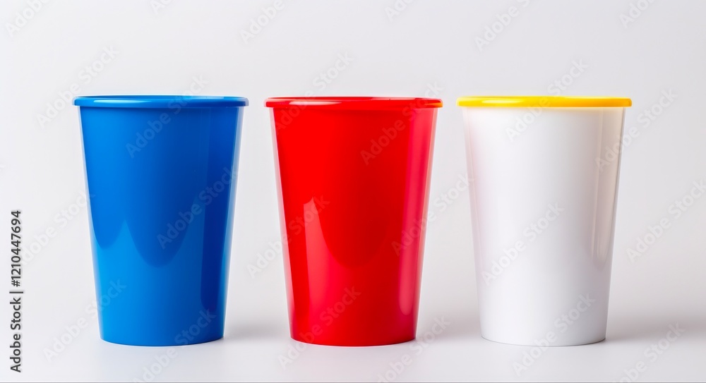 Group of Three Empty Plastic Cups in Vibrant Colors, Isolated on White Background