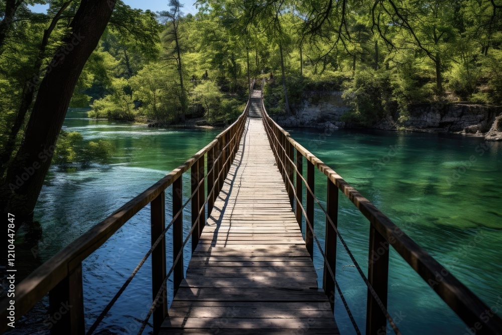 Fototapeta premium Ha Ha Tonka's Natural Spring - Hiking Over Pedestrian Walking Bridge with Clear Blue Water in Missouri Landscape