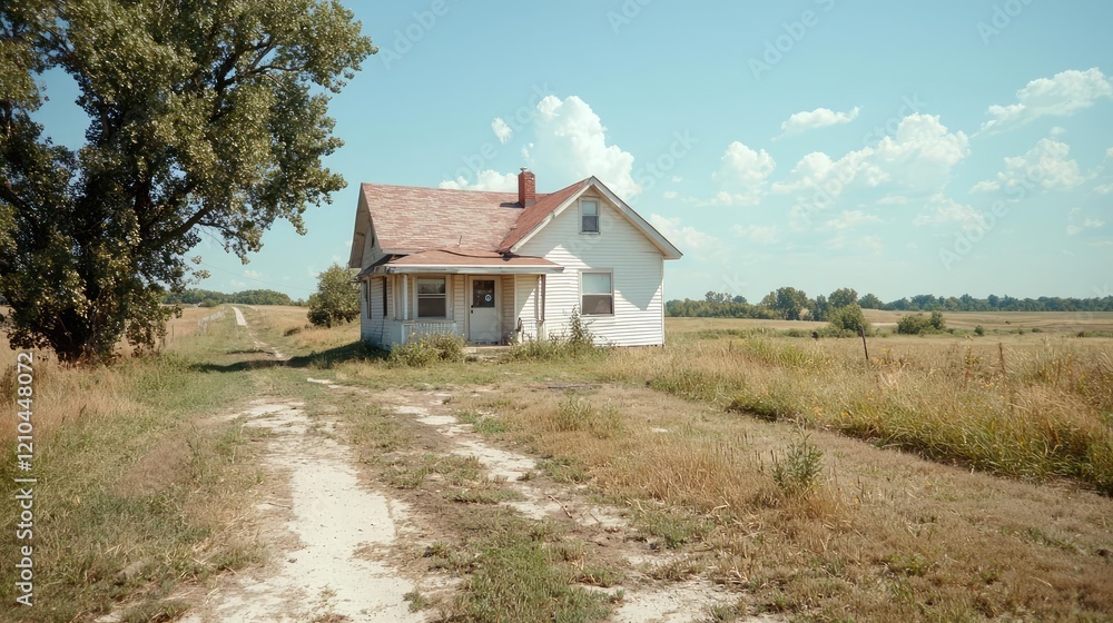 Rural farmhouse, summer day, fields, dirt road, abandoned Rural farmhouse, summer day, fields, dirt road, abandoned