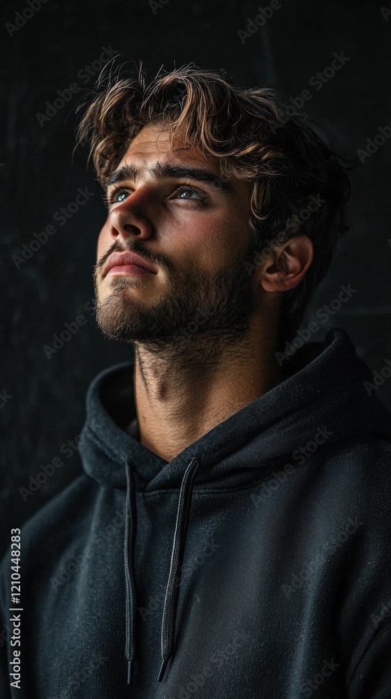 Fototapeta premium Introspective Young Man in Dark Hoodie