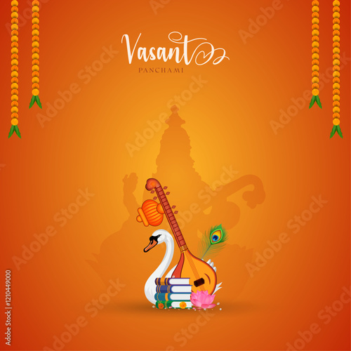 Happy Vasant Panchami with Saraswati Silhouette, Veena, Swan, and Books. Vasant Panchami Poster,