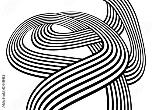 Interlaced ribbons of black parallel lines on a white background. Universal swirl pattern. Vector background in retro style. Abstract hair.