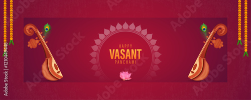 Happy Vasant Panchami Banner with Veena