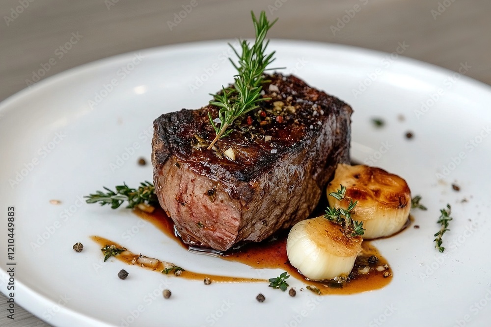 Deliciously grilled steak served with seared potatoes and garnished herbs on a white plate Deliciously grilled steak served with seared potatoes and garnished herbs on a white plate