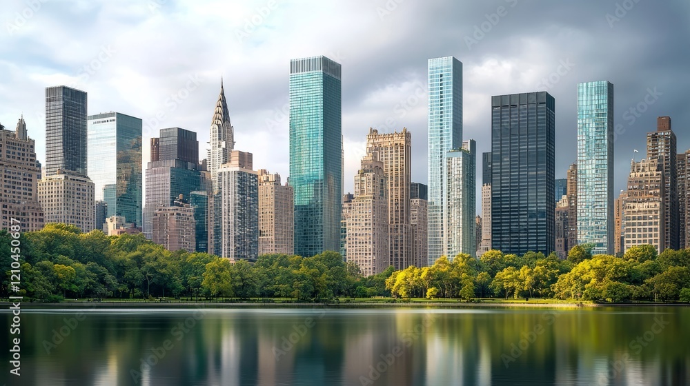 Photorealistic cityscape of a modern urban skyline featuring tall skyscrapers, sleek glass facades, and high-rise office buildings Photorealistic cityscape of a modern urban skyline featuring tall skyscrapers, sleek glass facades, and high-rise office buildings