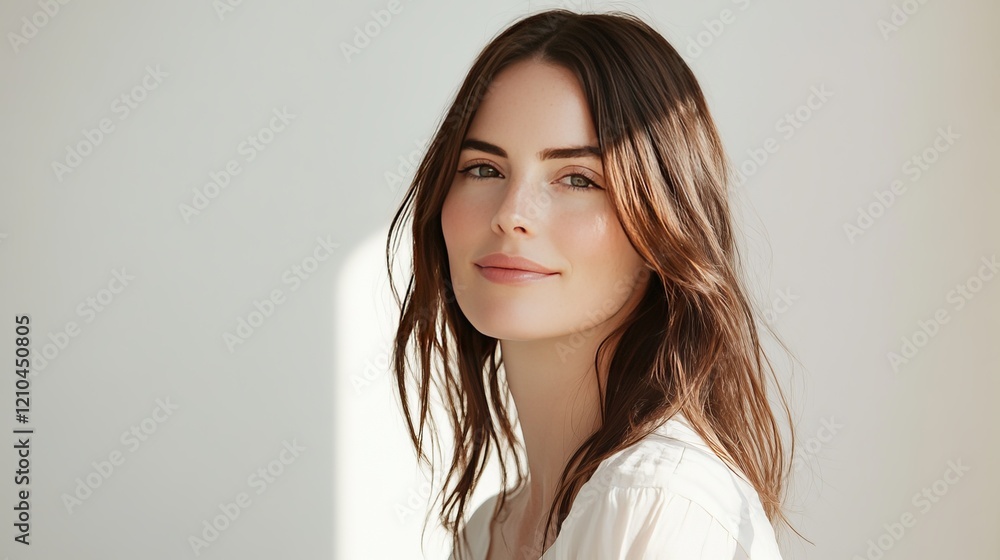Elegant portrait of a woman in soft natural light, gentle smile, minimalistic white background, high-resolution fashion photography, warm and serene atmosphere Elegant portrait of a woman in soft natural light, gentle smile, minimalistic white background, high-resolution fashion photography, warm and serene atmosphere