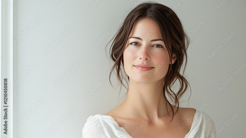 Elegant portrait of a woman in soft natural light, gentle smile, minimalistic white background, high-resolution fashion photography, warm and serene atmosphere Elegant portrait of a woman in soft natural light, gentle smile, minimalistic white background, high-resolution fashion photography, warm and serene atmosphere