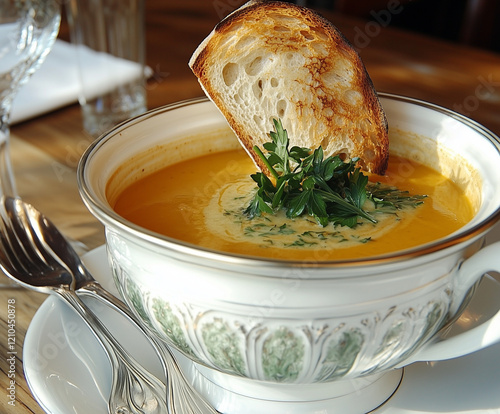 a beautiful serving of soup in a tureen or bowl photo