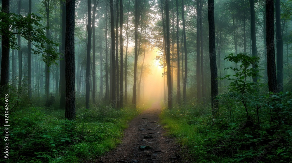 Obraz premium Sunlit path through a misty forest at dawn.