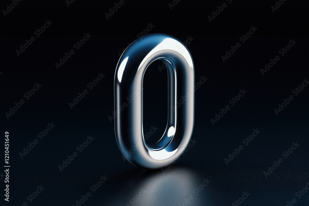 3D metallic zero symbol displayed on a dark reflective surface in bright lighting 3D metallic zero symbol displayed on a dark reflective surface in bright lighting
