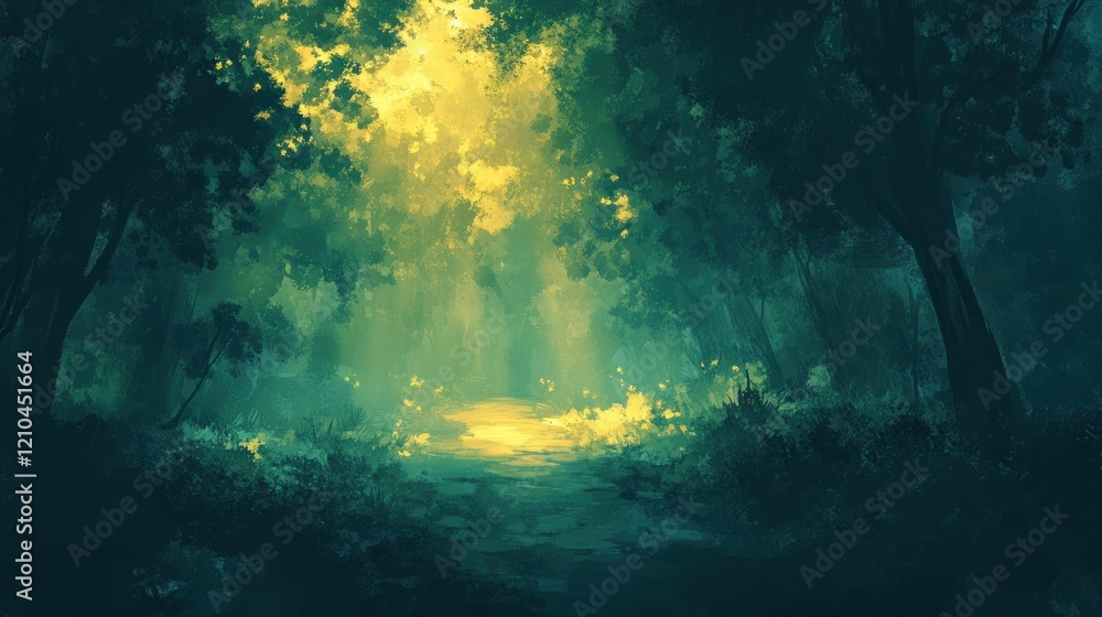 Obraz premium Sunlit path through a mysterious, dark green forest.