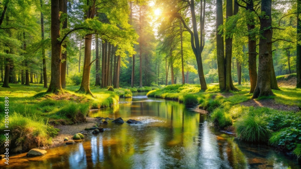 Obraz premium A tranquil forest glade with a babbling brook running through it, surrounded by towering trees and lush vegetation, stream, forest
