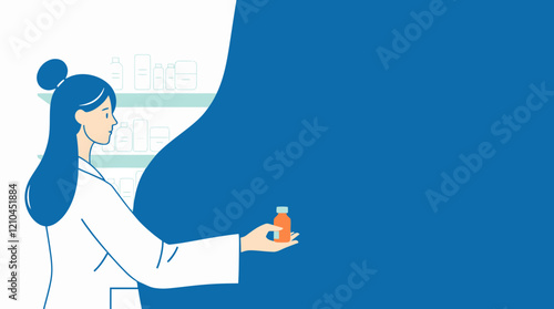 Confident Female Pharmacist in Professional Attire Presenting Medication with Modern Teal Medical Background
