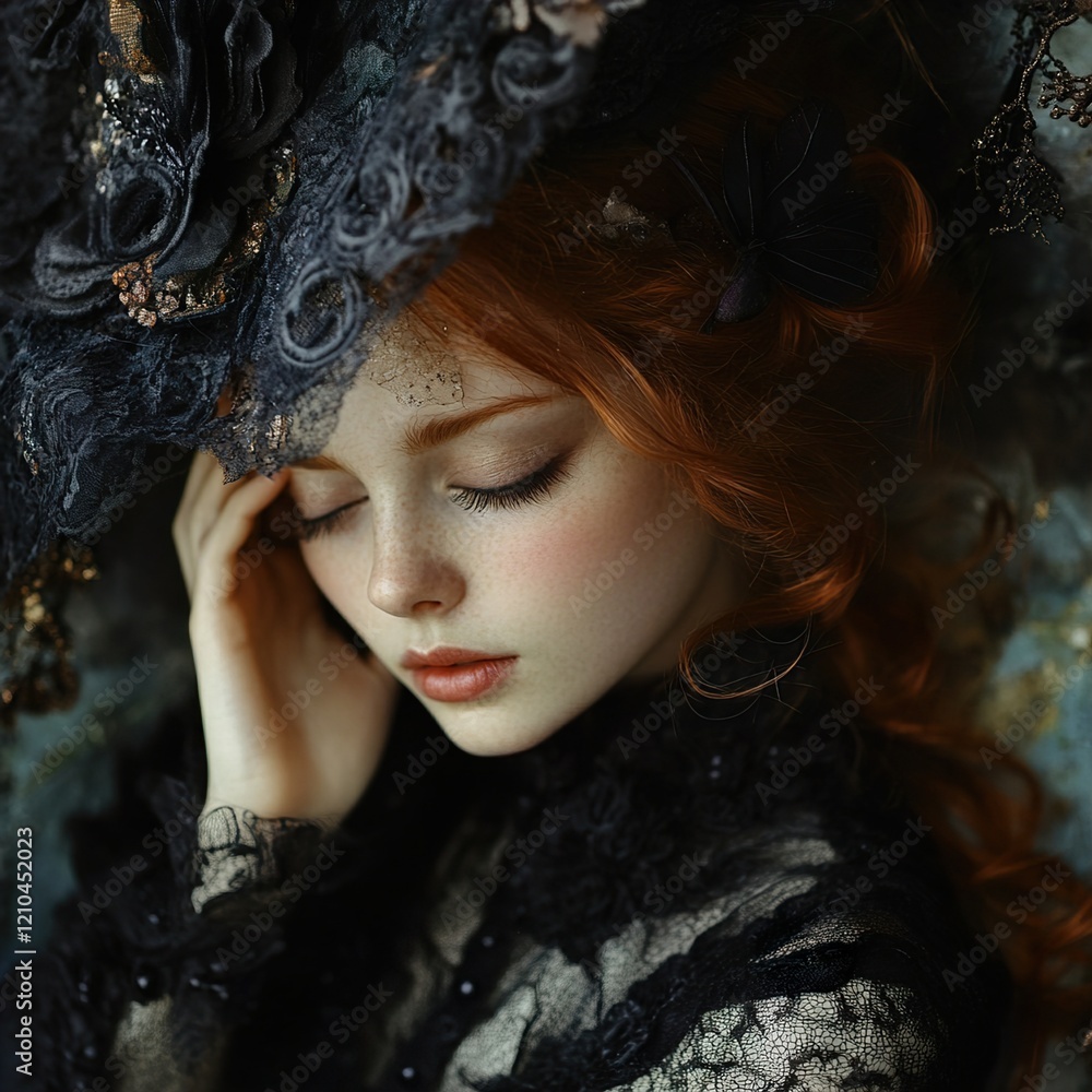 Fototapeta premium Redhead Woman in Vintage Lace Hat: A Dreamy Portrait