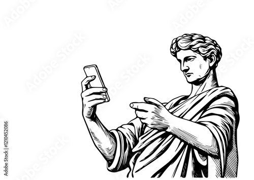 Elegant Classical Greek Statue Taking Modern Selfie in Dramatic Engraving Style
