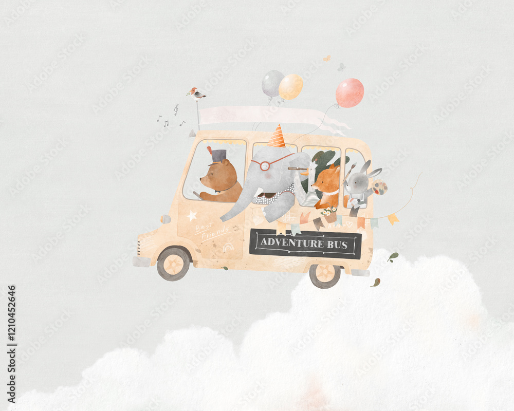 custom made wallpaper toronto digitalYellow bus flies in the clouds. Animal friends travel in company. Watercolor illustration. For decorating a child's room.
