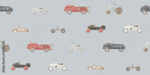Children's wallpaper with toy cars. Watercolor illustration. Light blue background for children's room. Vintage style. Cute wallpaper.