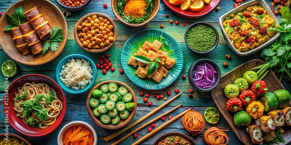 Fototapeta premium A vibrant and colorful array of international plant-based dishes including vegan sushi, pad thai, and chana masala, diverse ingredients, vegan sushi, chana masala