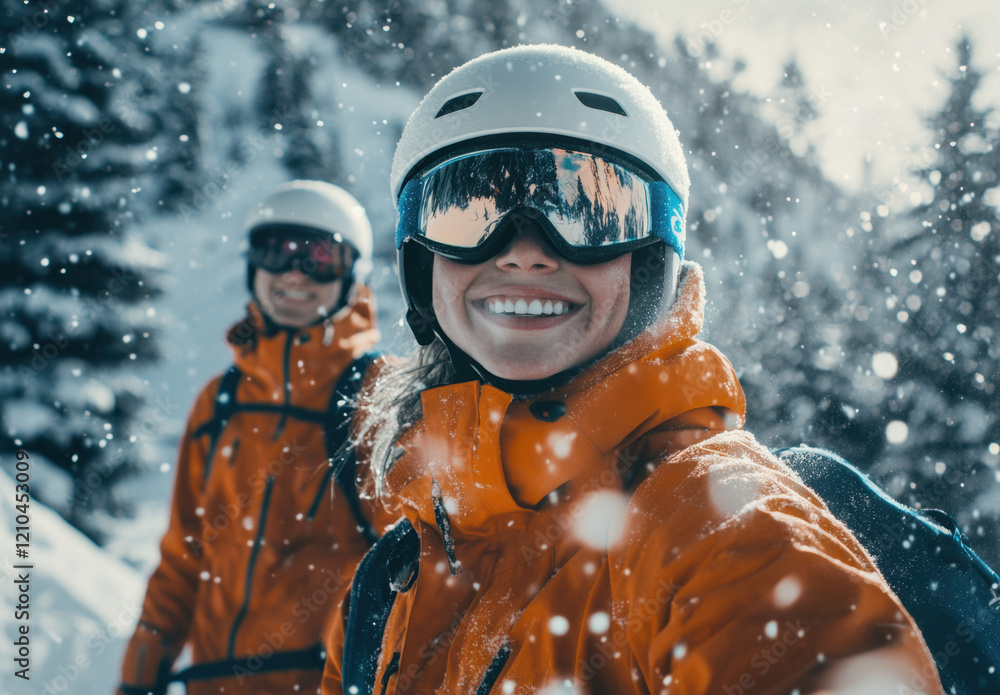 Two friends are smiling and enjoying their time skiing in a snowy mountain landscape. They are dressed in bright orange jackets and wearing helmets with goggles, surrounded by trees. Two friends are smiling and enjoying their time skiing in a snowy mountain landscape. They are dressed in bright orange jackets and wearing helmets with goggles, surrounded by trees.