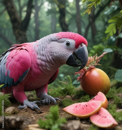 A vibrant pink and grey parrot's beak is visible as it pecks at a piece of fruit on the forest floor, bird, forest, fruit photo