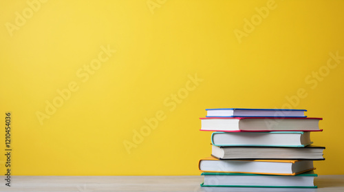 pile of books against a yellow background, copy space, generative ai