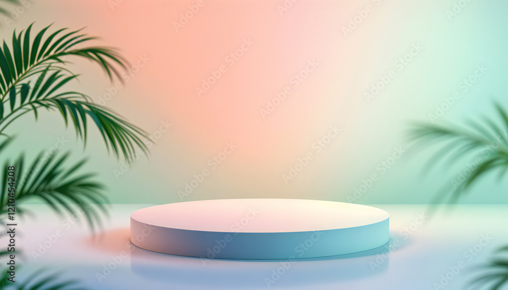 a product display podium with a tropical setting. Palm leaves frame a minimalist podium, with a gradient background a product display podium with a tropical setting. Palm leaves frame a minimalist podium, with a gradient background
