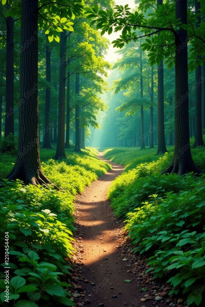 Obraz premium A winding forest path with a clear, well-defined trail in the distance, wilderness, path