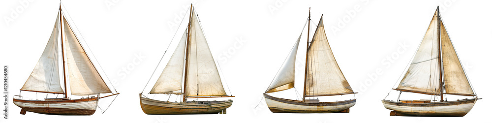 Obraz premium Collection of vintage wooden sailboat drifting peacefully isolated on a transparent background