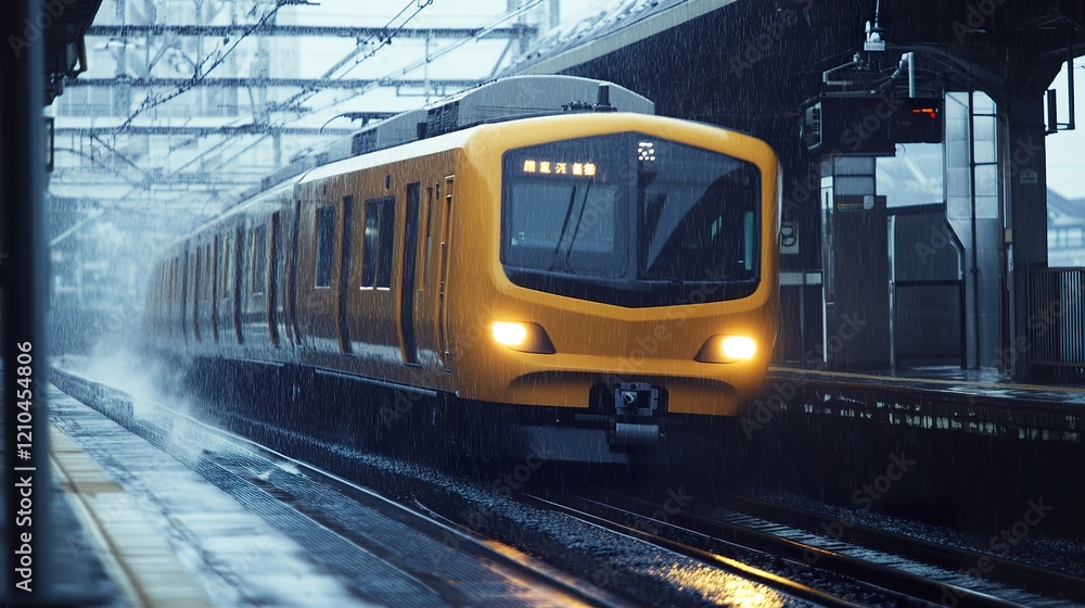 Fototapeta premium Rainy Day Train: A commuter train arrives at a station during a downpour.