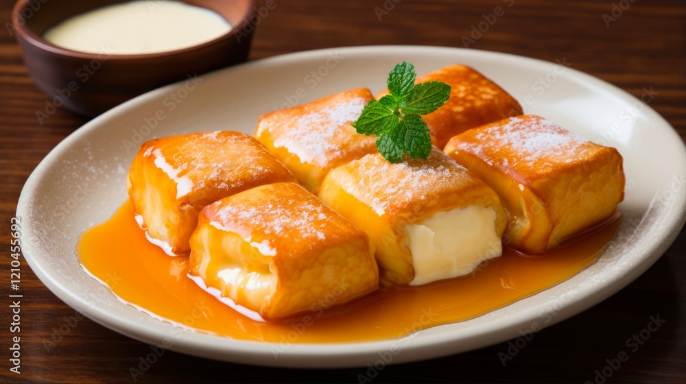 Plate of Delicious Cheese Blintzes with Sweet Cream. Traditional Meal in Bungalow Style Cuisine Plate of Delicious Cheese Blintzes with Sweet Cream. Traditional Meal in Bungalow Style Cuisine