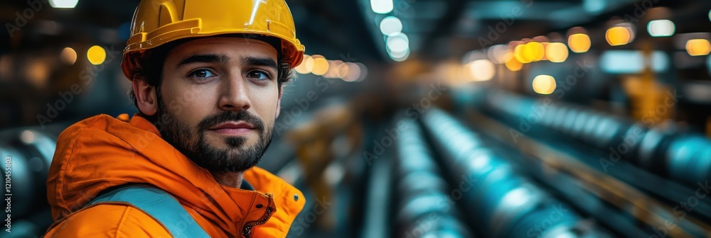 A worker wearing an orange jacket and a yellow helmet standing on the left side of a frame.
A worker wearing an orange jacket and a yellow helmet standing on the left side of a frame.