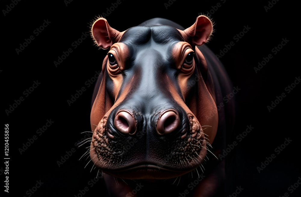 A large hippopotamus is standing in the dark, gazing intently at the camera while showcasing its impressive snout and presence