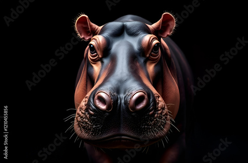 Obraz na płótnie A large hippopotamus is standing in the dark, gazing intently at the camera while showcasing its impressive snout and presence w salonie