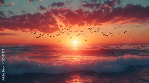 Dreamy Beach Escapades at Sunset with Birds Gliding Over the Mesmerizing Ocean