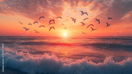 Dreamy Beach Escapades at Sunset with Birds Gliding Over the Mesmerizing Ocean