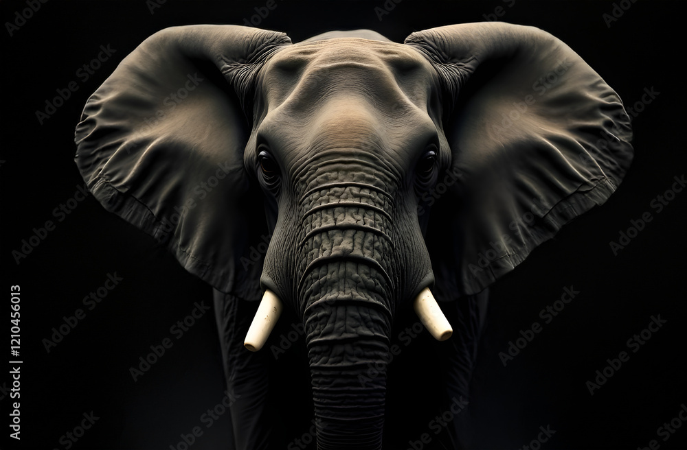This artwork features a detailed closeup depiction of an elephants face, elegantly set against a deep black background that enhances its beauty