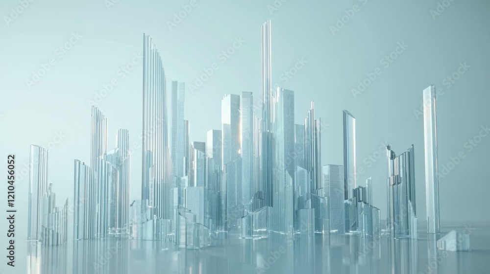 3D rendering of a digital cityscape with buildings and skyscrapers made from glass, set against a light blue background with a white color scheme 3D rendering of a digital cityscape with buildings and skyscrapers made from glass, set against a light blue background with a white color scheme