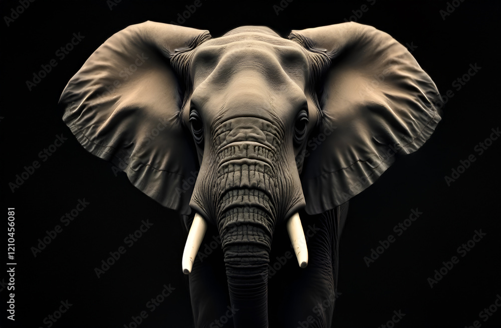 This artwork features a detailed closeup depiction of an elephants face, elegantly set against a deep black background that enhances its beauty