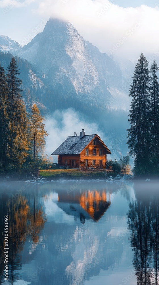 Fototapeta premium A serene wooden cabin reflects in a misty lake, surrounded by majestic mountains and evergreen trees under a tranquil sky.
