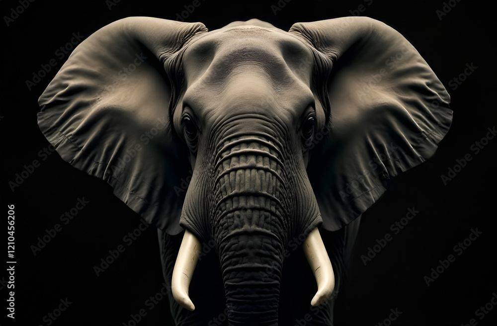 This artwork features a detailed closeup depiction of an elephants face, elegantly set against a deep black background that enhances its beauty
