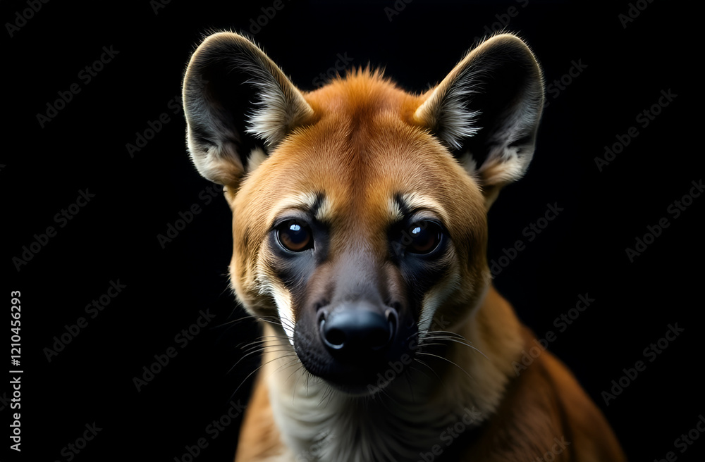 This is a detailed and intimate closeup of a hyenas face set against a striking black background, highlighting its features beautifully
