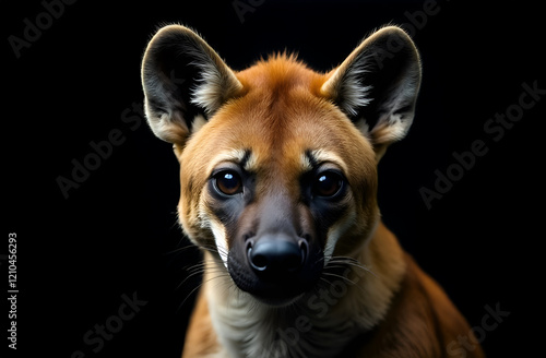 Obraz na płótnie This is a detailed and intimate closeup of a hyenas face set against a striking black background, highlighting its features beautifully w salonie