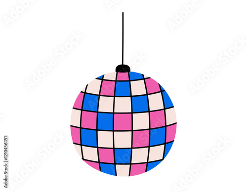 Hand drawn cute cartoon illustration of disco ball. Flat vector club mirror sphere decoration sticker doodle. Nightlife festival. Retro music party concept icon. Celebration event. Isolated.