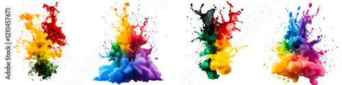 Collection of vivid burst of colorful paint splashes and smoke clouds isolated on a transparent background