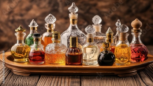 A collection of traditional Muslim perfumes and oils arranged elegantly on a wooden tray