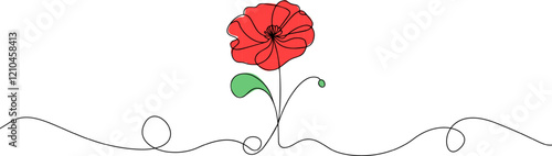 Poppy one line drawing. Abstract flower continuous line. Minimalist contour drawing of red poppy seed. Continuous line drawing of flower poppy seed.Hand drawn sketch of flower with leaves.