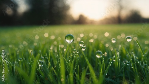 Close-up of dew drops on lush green grass blades in the early morning light, creating a fresh and vibrant atmosphere
